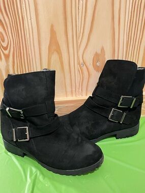 Brash Black Suede-Look Buckle Ankle Boots